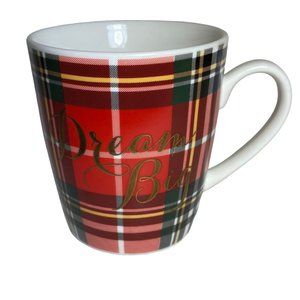 Dream Big Ceramic Coffee Mug Tartan Graphic Gold Letters Indigo